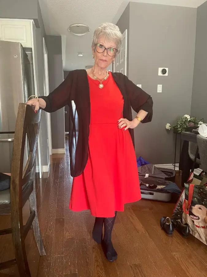 Image of Cathy in her red dress